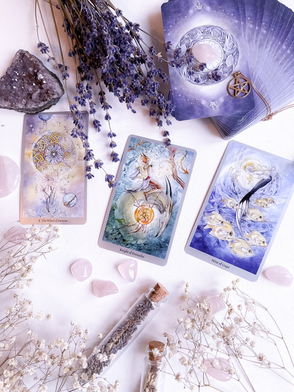 Deck of Tarot Cards Beside Dried Flowers and Crystals on a White Surface